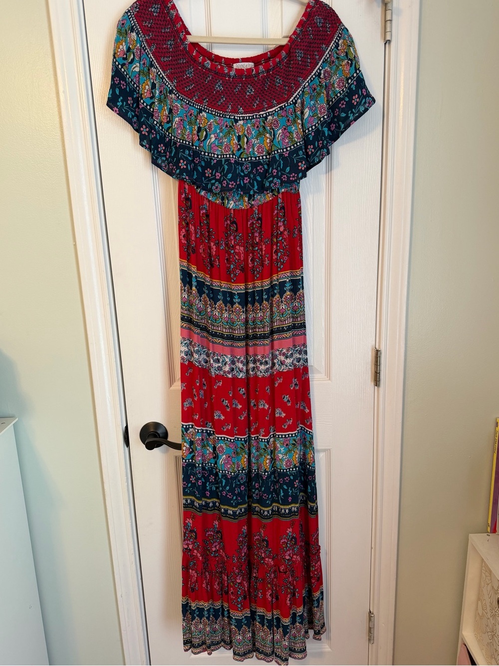 Patrons of Peace Red Floral Off-Shoulder Maxi with Blue and Green Accents